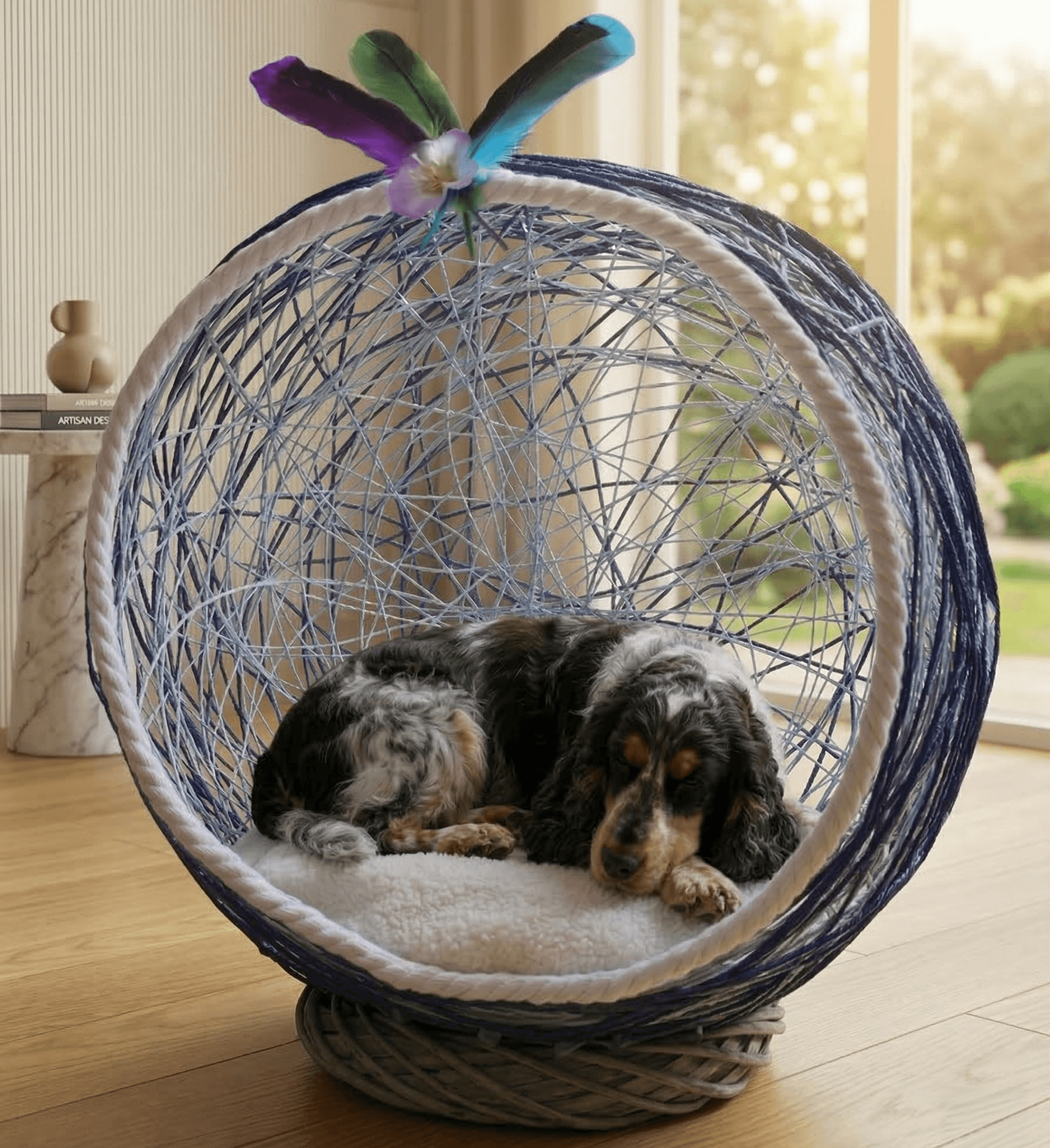Chien confortablement installé dans une bulle à dodo artisanale FoxSilver