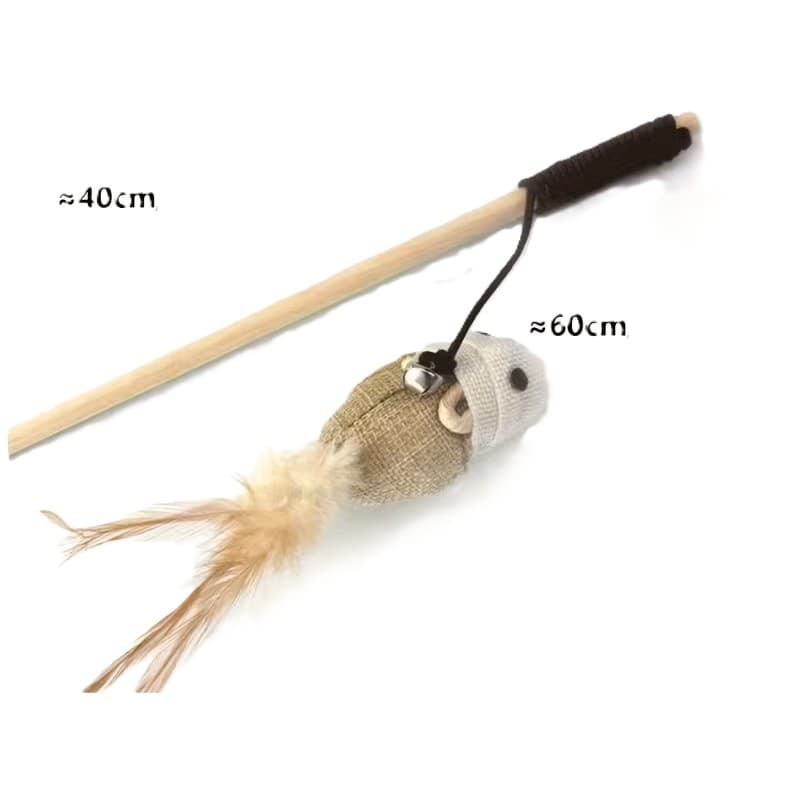 Canne à chat souris en sisal avec plume et clochette