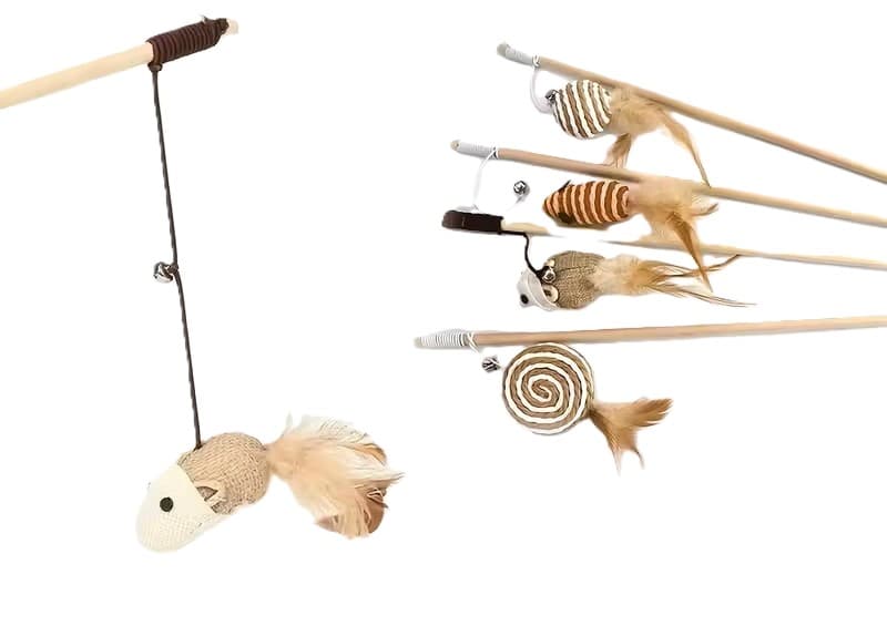 Canne à chat souris en sisal avec plume et clochette